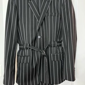 Belted skinny suit jacket with stripes and wide leg high waist matching pants